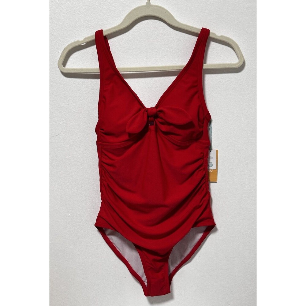 Kona Sol Women’s Red One Piece Bathing Suit High Leg Bow Cleavage Tie Small 4-6￼
